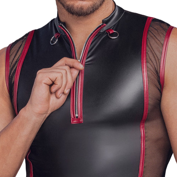 Schwarzes ärmelloses Herren-Shirt im Mattlook mit roten Streifen und Netz-Einsätzen von NEK – Ansicht 6