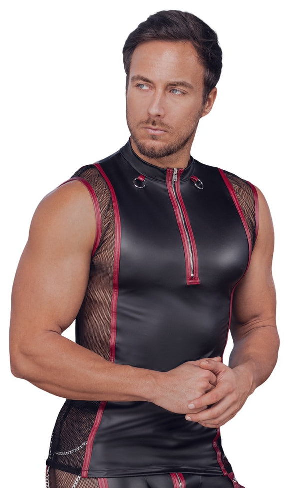 Schwarzes ärmelloses Herren-Shirt im Mattlook mit roten Streifen und Netz-Einsätzen von NEK – Ansicht 3
