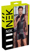 Schwarzes ärmelloses Herren-Shirt im Mattlook mit roten Streifen und Netz-Einsätzen von NEK