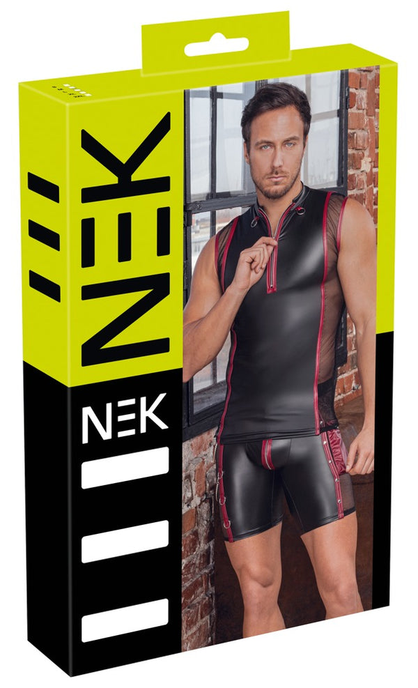 Schwarzes ärmelloses Herren-Shirt im Mattlook mit roten Streifen und Netz-Einsätzen von NEK