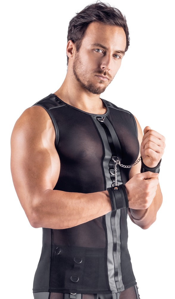 Schwarzes ärmelloses Herren-Netzshirt mit Soft-Handfesseln von Svenjoyment Bondage – Ansicht 4