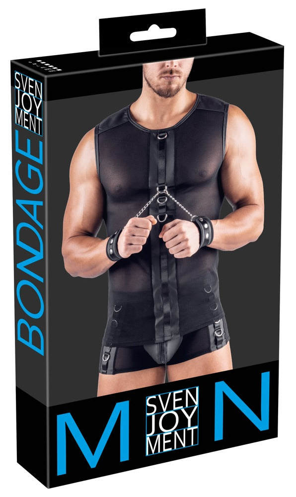 Schwarzes ärmelloses Herren-Netzshirt mit Soft-Handfesseln von Svenjoyment Bondage