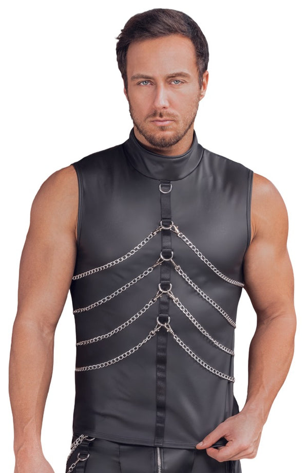 Schwarzes ärmelloses Herren-Shirt im Mattlook mit Ketten und Stehkragen von NEK – Ansicht 2