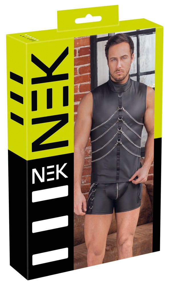 Schwarzes ärmelloses Herren-Shirt im Mattlook mit Ketten und Stehkragen von NEK