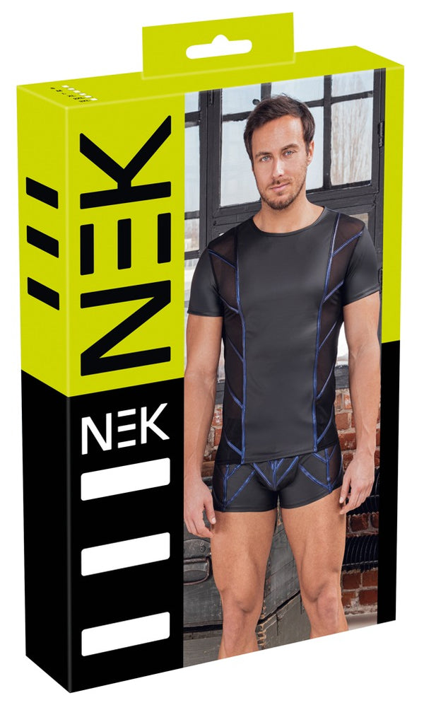Schwarzes Herren-Kurzarm-Shirt im Mattlook mit Netz und blauen Diagonalstreifen von NEK