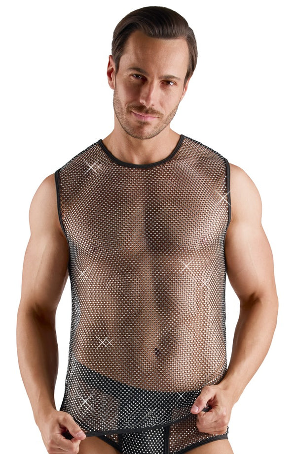 Schwarzes ärmelloses Herren-Netz-Shirt mit Glitzersteinen von Svenjoyment – Ansicht 2