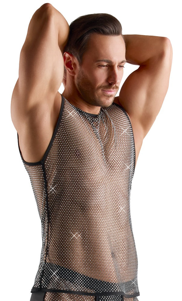 Schwarzes ärmelloses Herren-Netz-Shirt mit Glitzersteinen von Svenjoyment – Ansicht 3