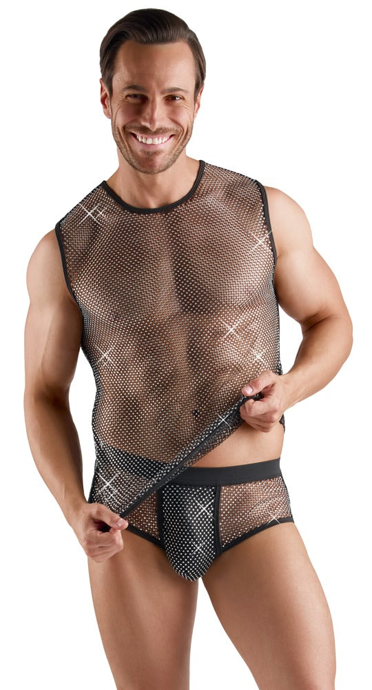 Schwarzes ärmelloses Herren-Netz-Shirt mit Glitzersteinen von Svenjoyment – Ansicht 4