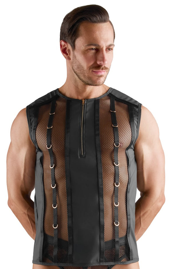 Schwarzes ärmelloses Herren-Shirt im Netz-Wetlook-Mix von Svenjoyment – Ansicht 2