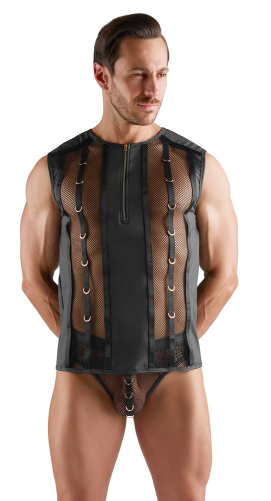 Schwarzes ärmelloses Herren-Shirt im Netz-Wetlook-Mix von Svenjoyment – Ansicht 6