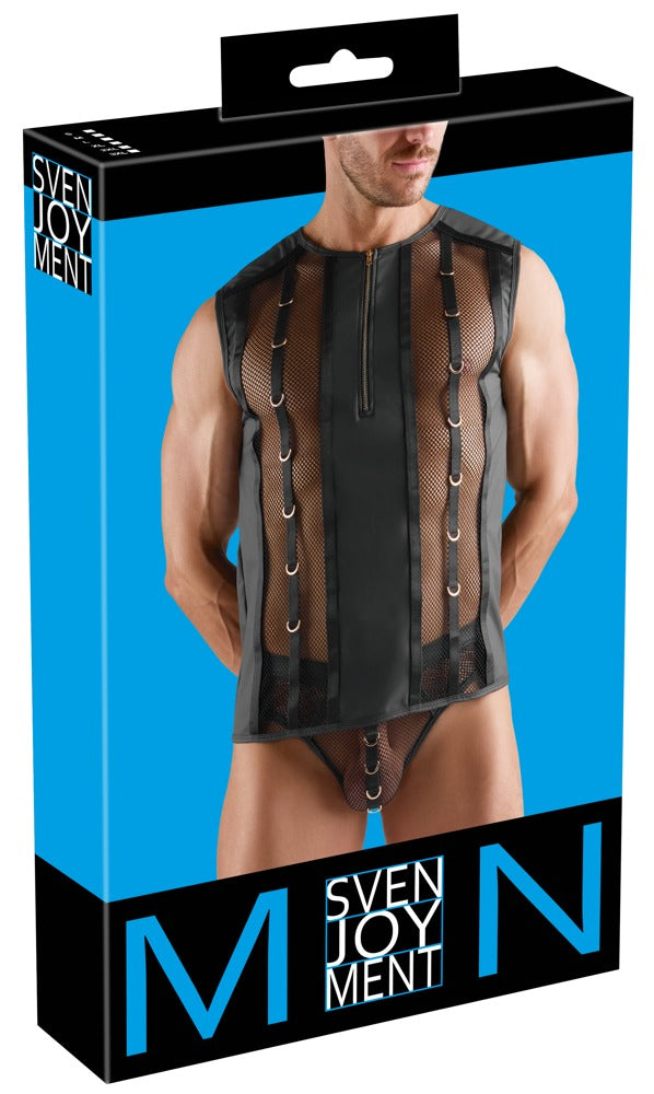 Schwarzes ärmelloses Herren-Shirt im Netz-Wetlook-Mix von Svenjoyment