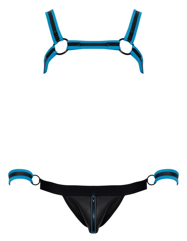 Schwarzes Herren-Set mit Brustharness, Jock und Handfesseln in Neopren-Optik von Svenjoyment BONDAGE – Ansicht 6
