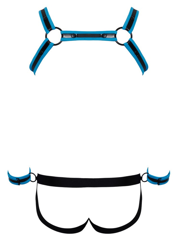 Schwarzes Herren-Set mit Brustharness, Jock und Handfesseln in Neopren-Optik von Svenjoyment BONDAGE – Ansicht 7