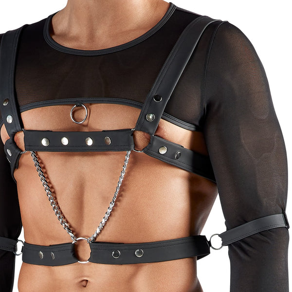 Schwarzes Herren-Set mit Crop-Top, Brust-Harness, Jock und Fesseln von Svenjoyment BONDAGE – Ansicht 5