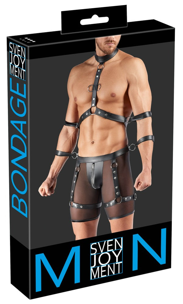 Schwarzes Herren-Set mit Harness-Pants, Brust-Harness und Fesseln von Svenjoyment BONDAGE