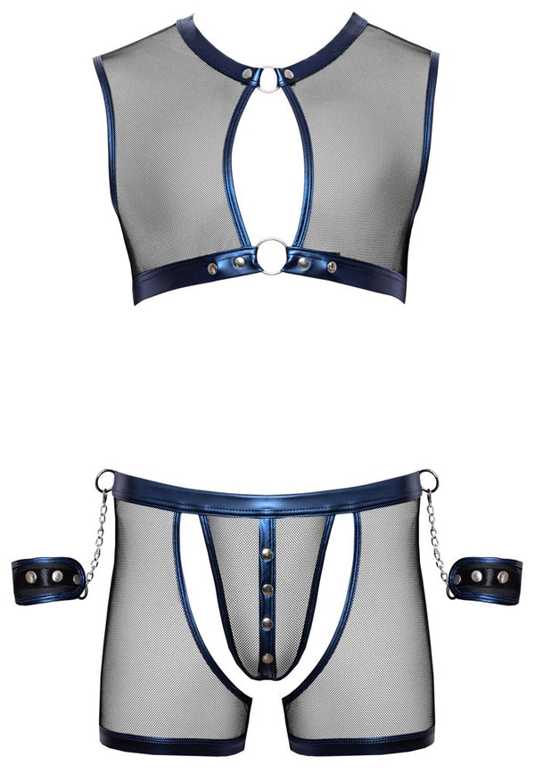 Schwarzes Herren-Set mit Kurz-Top, Pants und Handfesseln in Netz-Optik von Svenjoyment Bondage – Ansicht 8