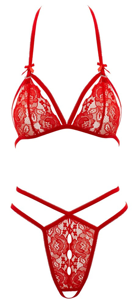 Rotes BH- und String-Set aus Blütenspitze mit Neckholder und Klapp-Cups von Cottelli – Ansicht 8
