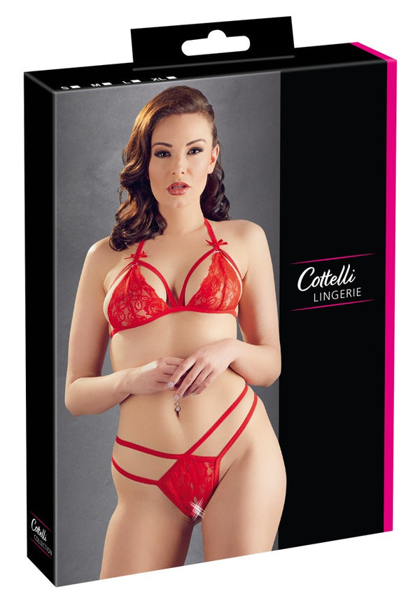 Rotes BH- und String-Set aus Blütenspitze mit Neckholder und Klapp-Cups von Cottelli