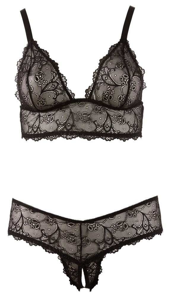 Schwarzes BH- und String-Set aus filigraner Spitze mit offenem Schritt in großen Größen von Cottelli – Ansicht 5