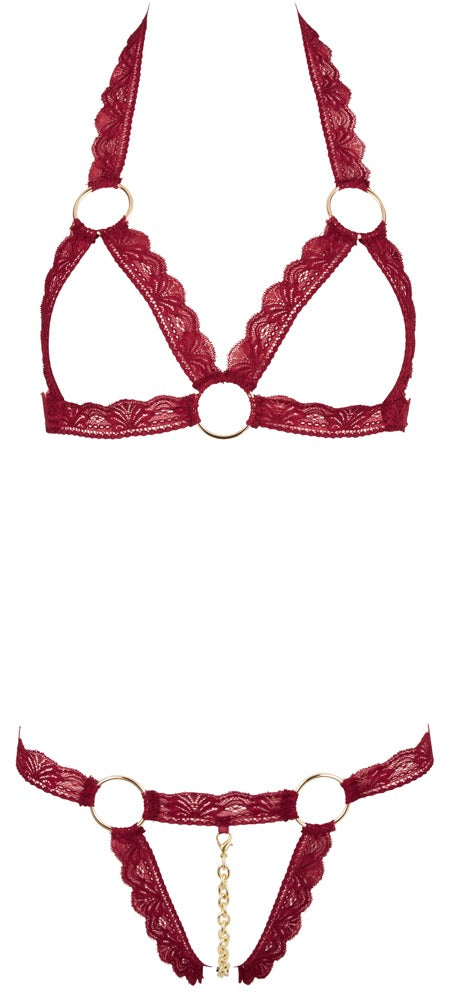 Rotes BH- und String-Set aus Spitzenband mit Metallringen und offenen Cups von Cottelli – Ansicht 8