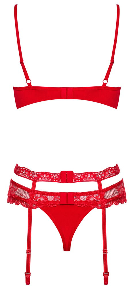 Rotes 3-teiliges Set Heartina aus Spitze mit Strassschmuck von Obsessive – Ansicht 4