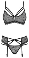 Schwarzes 3-teiliges Set aus Spitze mit Riemchen- und Strass-Details von Obsessive – Ansicht 6