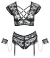 Schwarzes Set aus BH und Straps-Slip ouvert mit roségoldenen Elementen von Cottelli BONDAGE – Ansicht 6