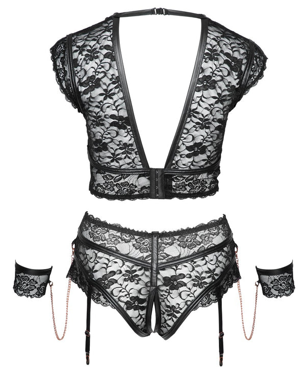 Schwarzes Set aus BH und Straps-Slip ouvert mit roségoldenen Elementen von Cottelli BONDAGE – Ansicht 7
