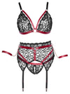 Schwarzes Straps-Set aus BH, Strapsgurt und Slip mit dunkelroten Mattlook-Details von Cottelli BONDAGE – Ansicht 6