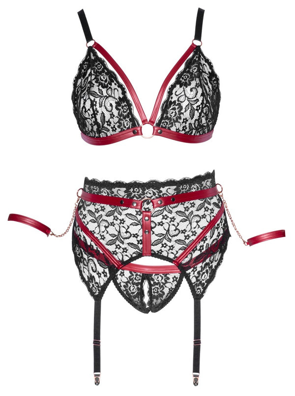 Schwarzes Straps-Set aus BH, Strapsgurt und Slip mit dunkelroten Mattlook-Details von Cottelli BONDAGE – Ansicht 6