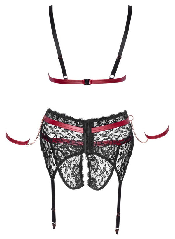 Schwarzes Straps-Set aus BH, Strapsgurt und Slip mit dunkelroten Mattlook-Details von Cottelli BONDAGE – Ansicht 7