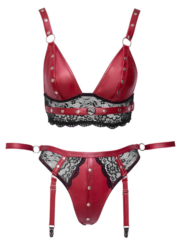 Rotes Set aus Bralette und Straps-Slip im Mattlook mit Spitze und Fesselriemen von Cottelli BONDAGE – Ansicht 6