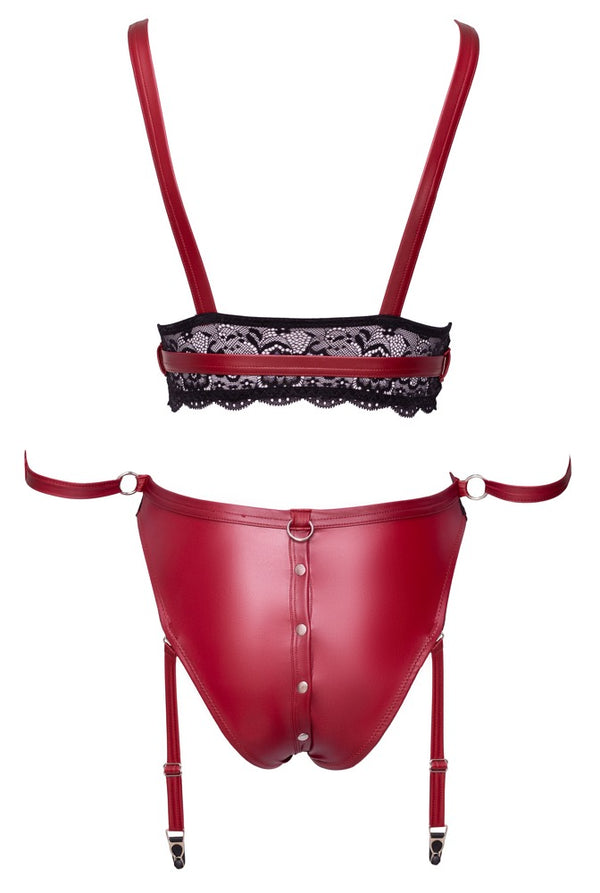 Rotes Set aus Bralette und Straps-Slip im Mattlook mit Spitze und Fesselriemen von Cottelli BONDAGE – Ansicht 7