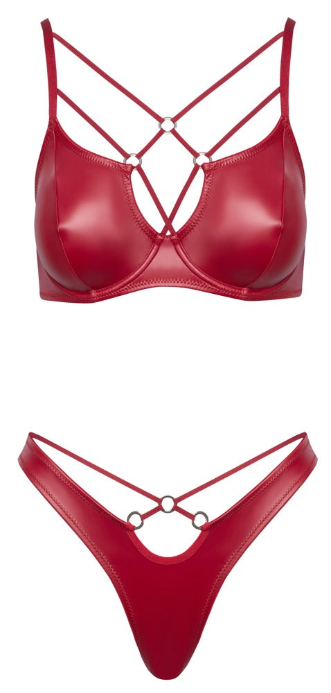 Roter BH- und String-Set im Wetlook mit Ringen und Riemchen von Cottelli – Ansicht 6