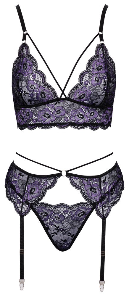 Schwarzes Straps-Set aus Blütenspitze mit Bralette, Strapsgurt und String von Cottelli – Ansicht 7