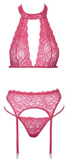 Pinkfarbenes Straps-Set aus feiner Spitze mit Neckholder-BH und String von Cottelli – Ansicht 6