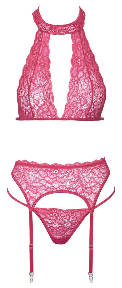 Pinkfarbenes Straps-Set aus feiner Spitze mit Neckholder-BH und String von Cottelli – Ansicht 6