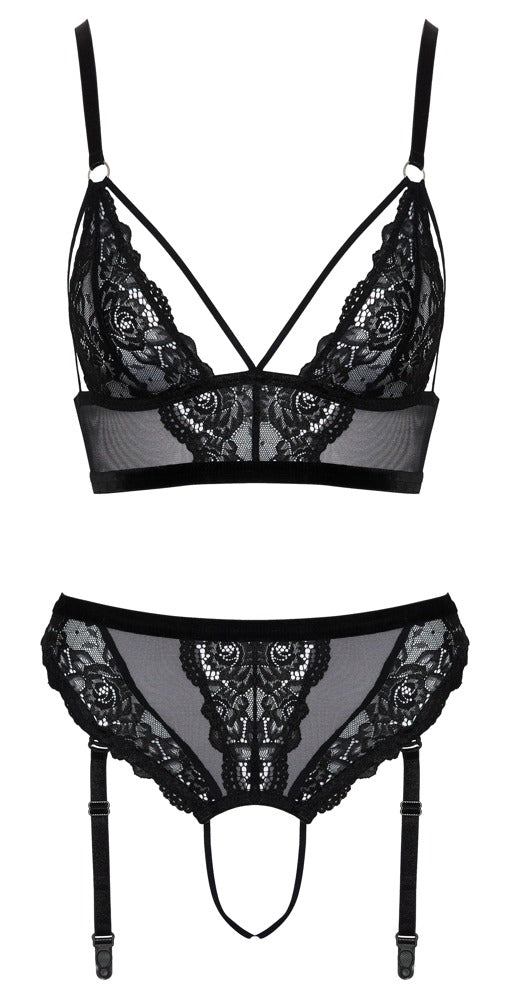 Schwarzes Bralette-Set mit Straps-Slip ouvert aus Spitze und Powernet von Cottelli – Ansicht 8