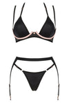 Schwarzes 3-teiliges Set Selinne aus Feinnetz und Mikrofaser mit Strapsgurt von Obsessive – Ansicht 6