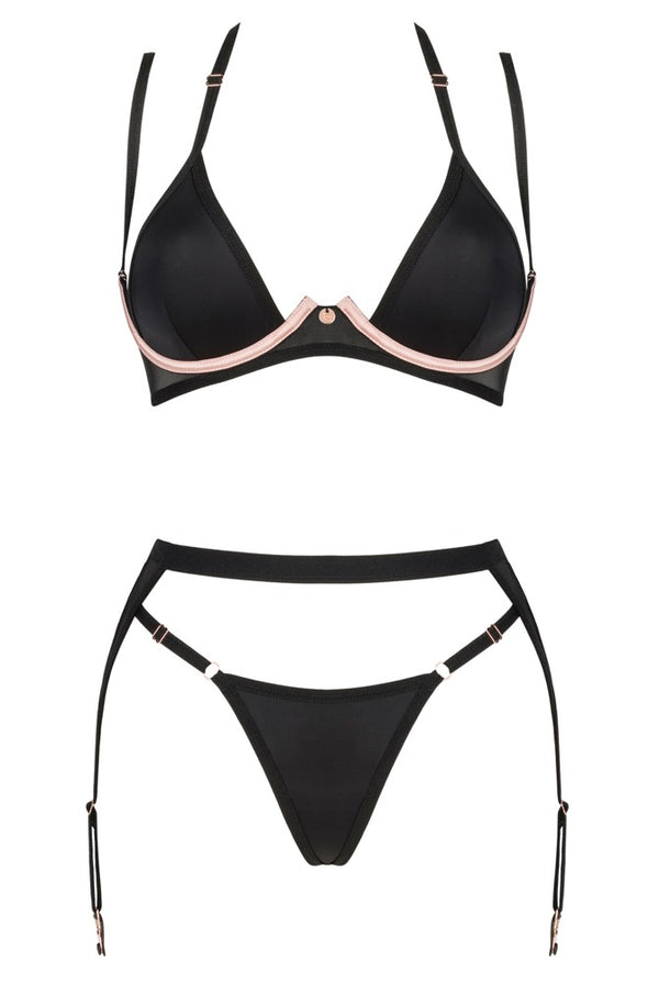 Schwarzes 3-teiliges Set Selinne aus Feinnetz und Mikrofaser mit Strapsgurt von Obsessive – Ansicht 6