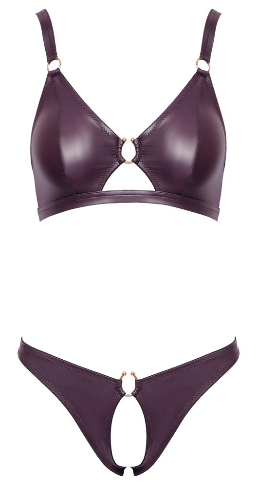 Lilafarbenes BH- und Slip-Set im Wetlook mit Roségold-Ringen (Ouvert) von Cottelli – Ansicht 7