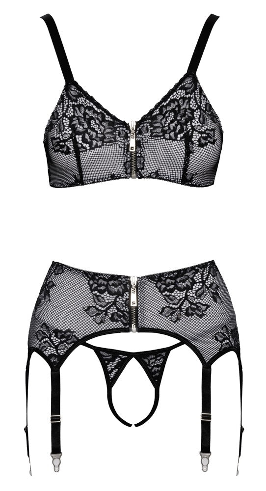 Schwarzes Straps-Set mit weißen spitzenüberzogenen Fronten und Metall-Details von Cottelli – Ansicht 7