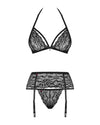 Schwarzes 3-teiliges Spitzen-Set mit Neckholder-BH, Strapsgurt und String von Obsessive – Ansicht 6