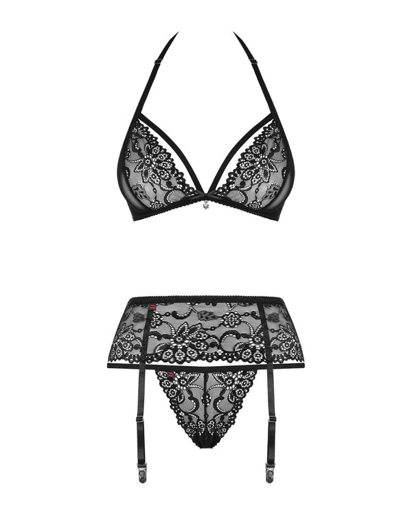 Schwarzes 3-teiliges Spitzen-Set mit Neckholder-BH, Strapsgurt und String von Obsessive – Ansicht 6