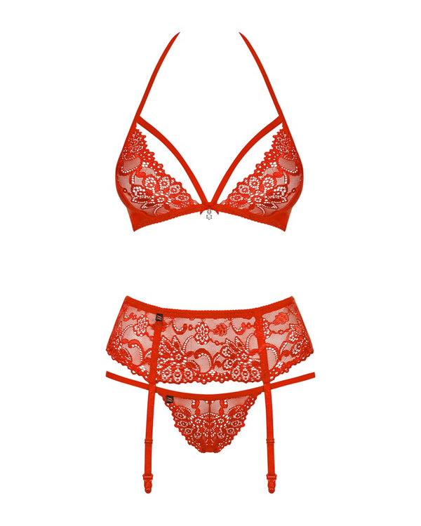 Rotes 3-teiliges Spitzen-Set mit Neckholder-BH, Strapsgurt und String von Obsessive – Ansicht 4