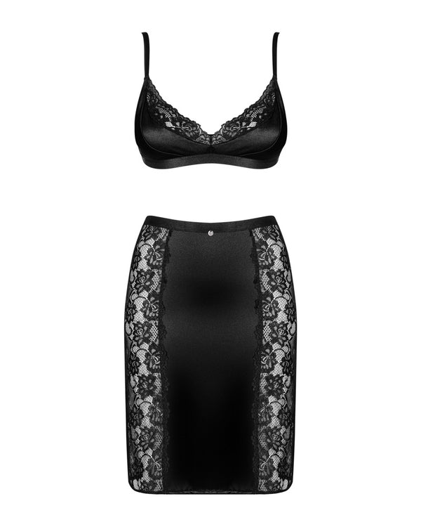 Schwarzes Set Blanita mit BH und Rock aus Stretch-Satin und Spitze von Obsessive – Ansicht 3