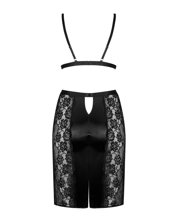 Schwarzes Set Blanita mit BH und Rock aus Stretch-Satin und Spitze von Obsessive – Ansicht 4