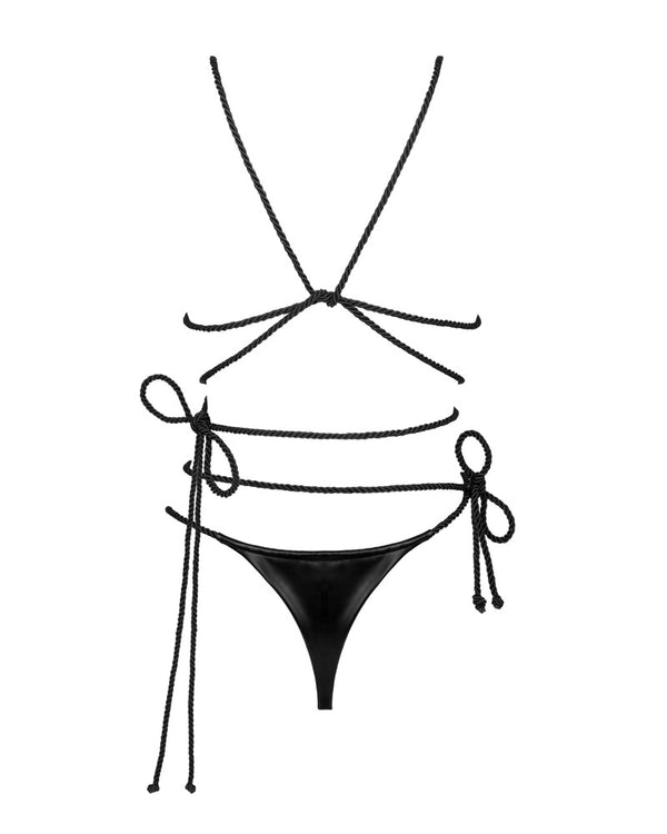 Schwarzes Set Cordellis im Wetlook mit Bondage-Kordeln, Soft-BH und String von Obsessive – Ansicht 5