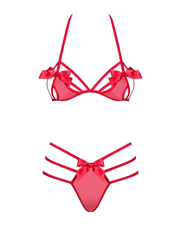 Rotes Set Giftella mit Soft-BH und String in Riemenoptik mit Zierschleifen von Obsessive – Ansicht 6