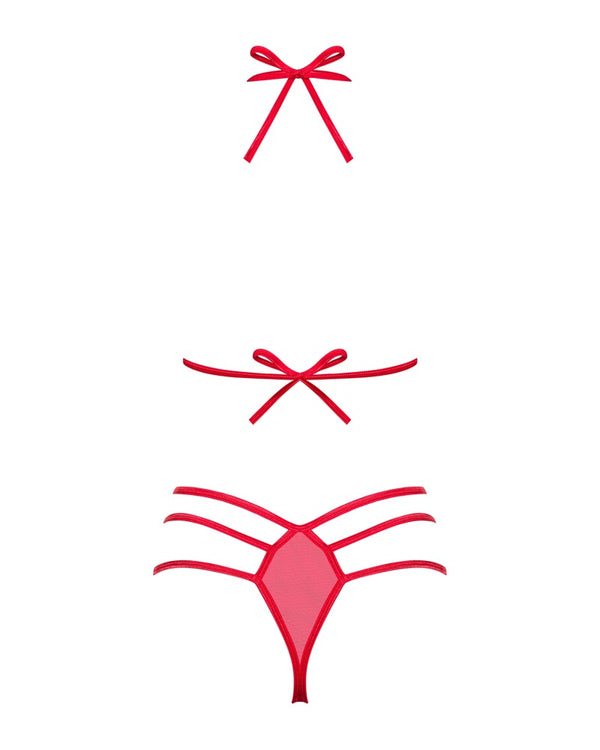 Rotes Set Giftella mit Soft-BH und String in Riemenoptik mit Zierschleifen von Obsessive – Ansicht 7